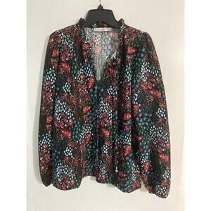 Loft top women’s size S floral abstract textured puff sleeve ruffle peasant